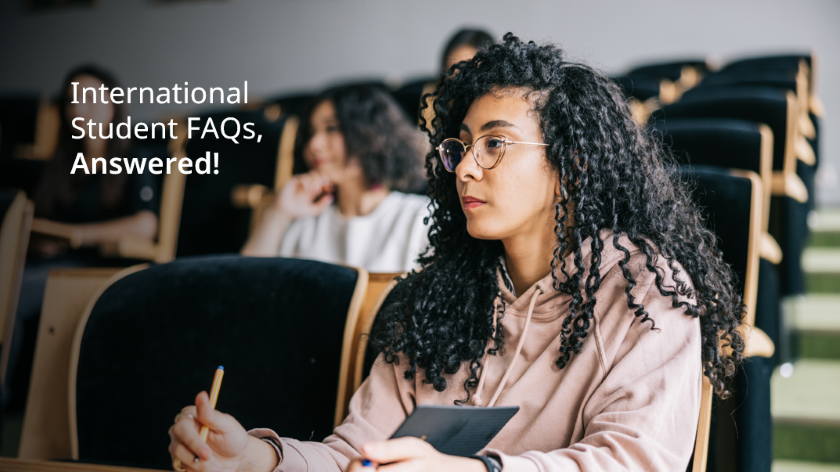 International Student FAQs, Answered! Overlaying image of woman in pink sweatshirt in lecture hall