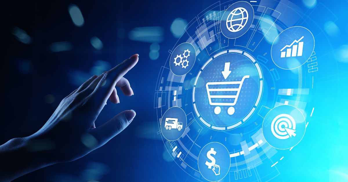A hand reaches out to a virtual concept map about ecommerce. A shopping cart is in the center of the concept map.