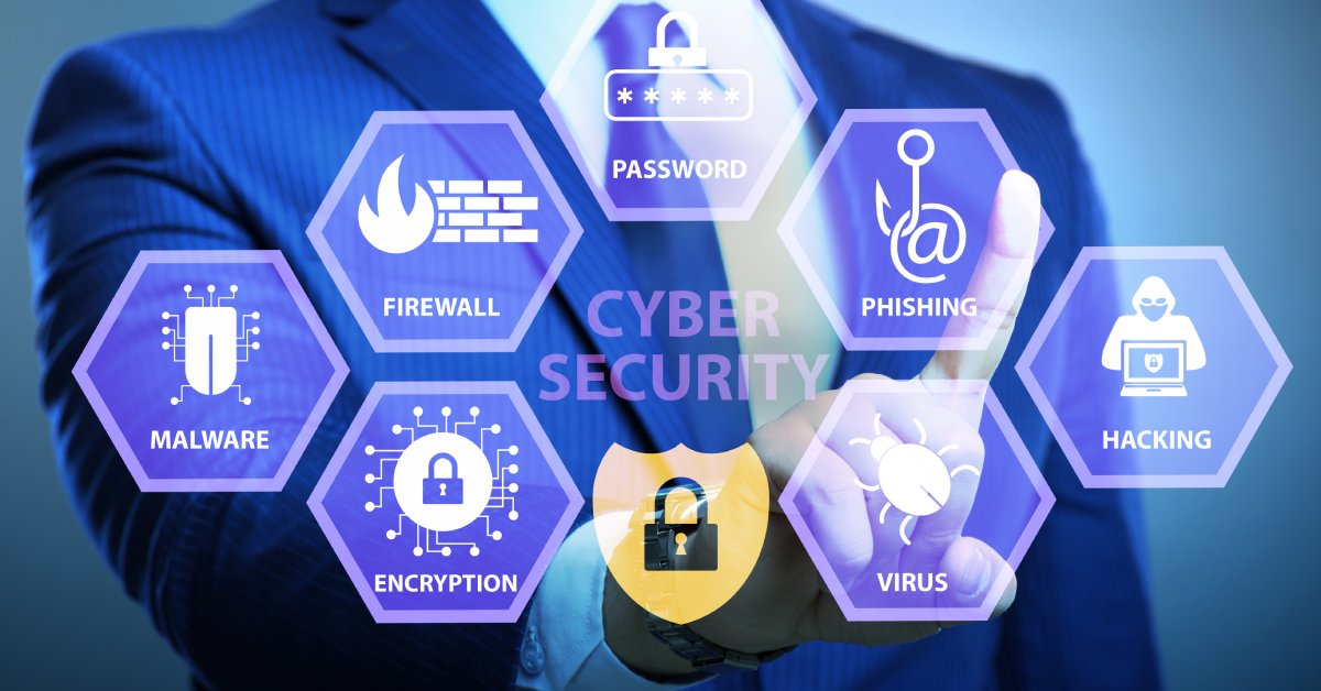 A conceptual diagram on the topic of cybersecurity superimposed over a man in a suit pointing at the word "phishing."
