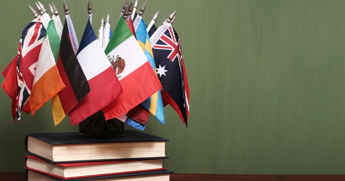 A wide variety of world flags are displayed on top of a pile of books in front of a clean green chalkboard.