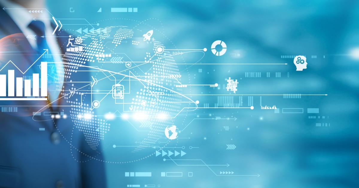 Hand touching virtual chart interface with globe and data icons, representing digital analytics and global technology network.