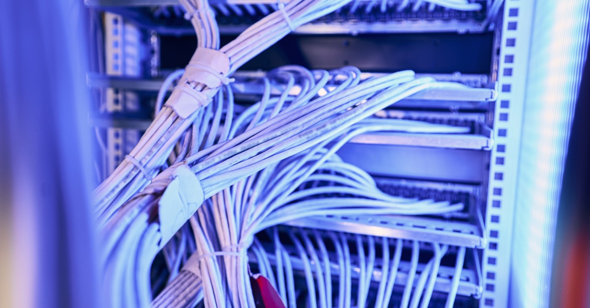 Close-up of organized network cables connected to server rack, showing bundled wires and ports in data center.